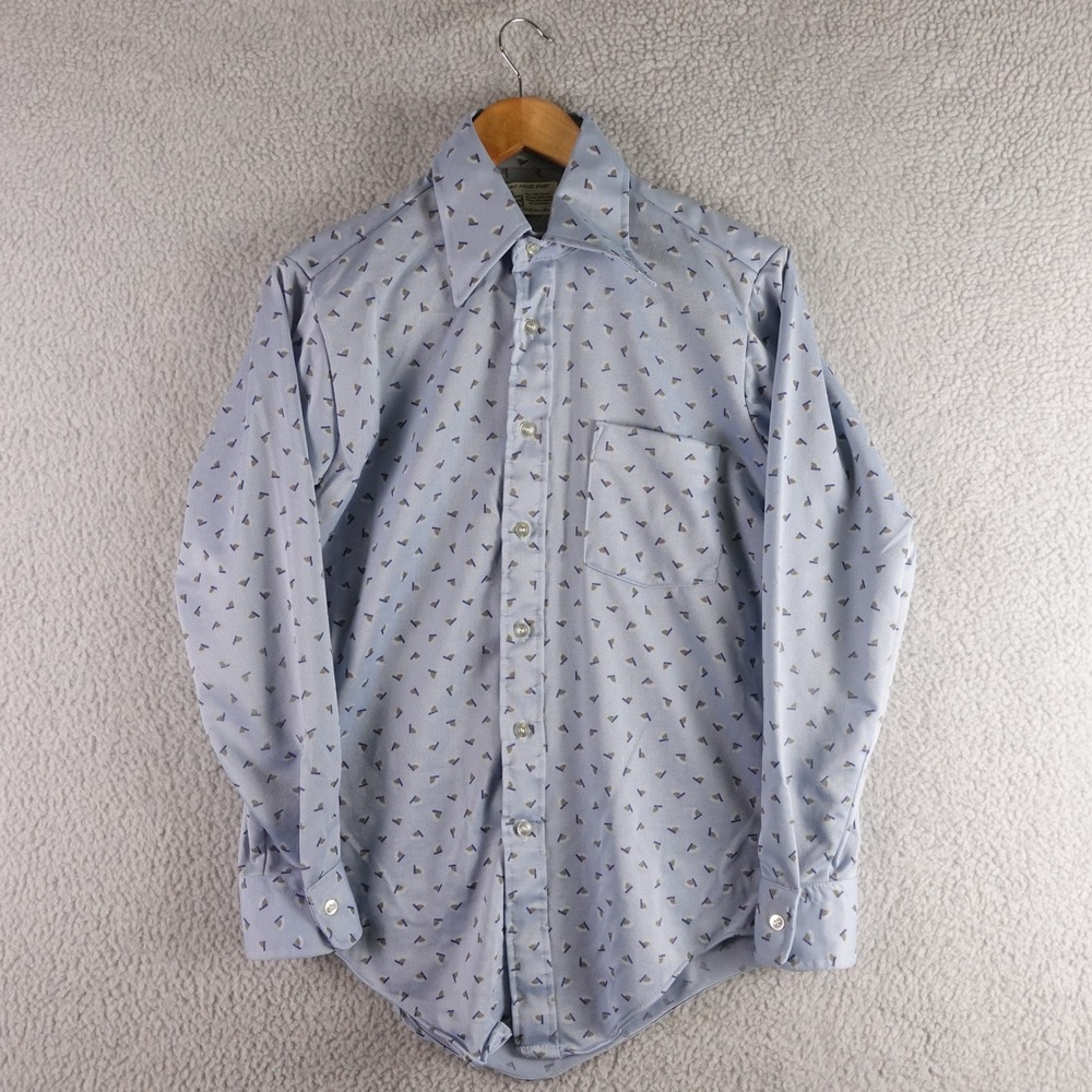 Vintage Kmart Men Blue Geometric Print Knit Dress Shirt Long Sleeve 15-32 70s 80